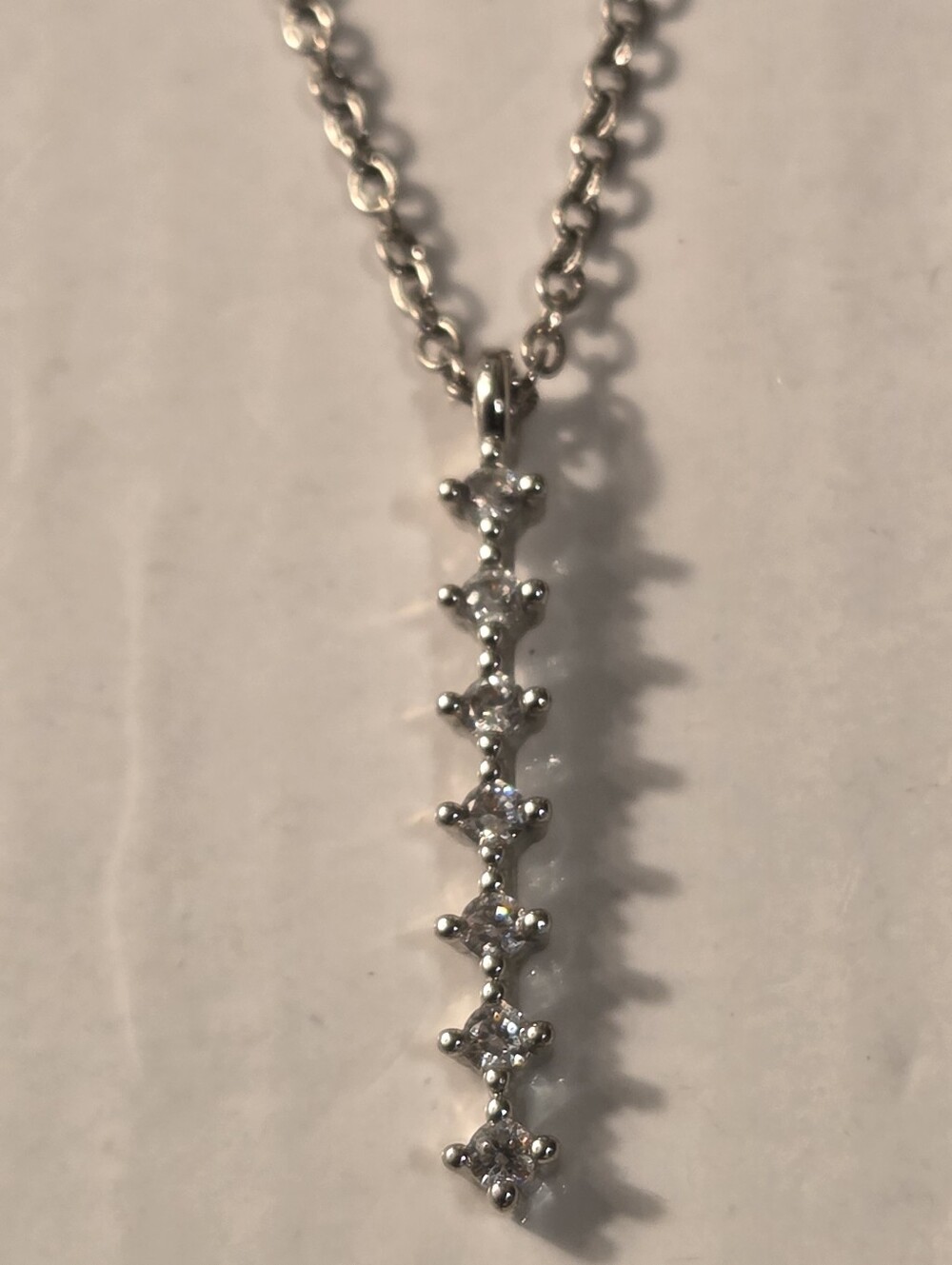Silver Cubic Zirconia Vertical Drop Pendant Necklace - Silver Tone